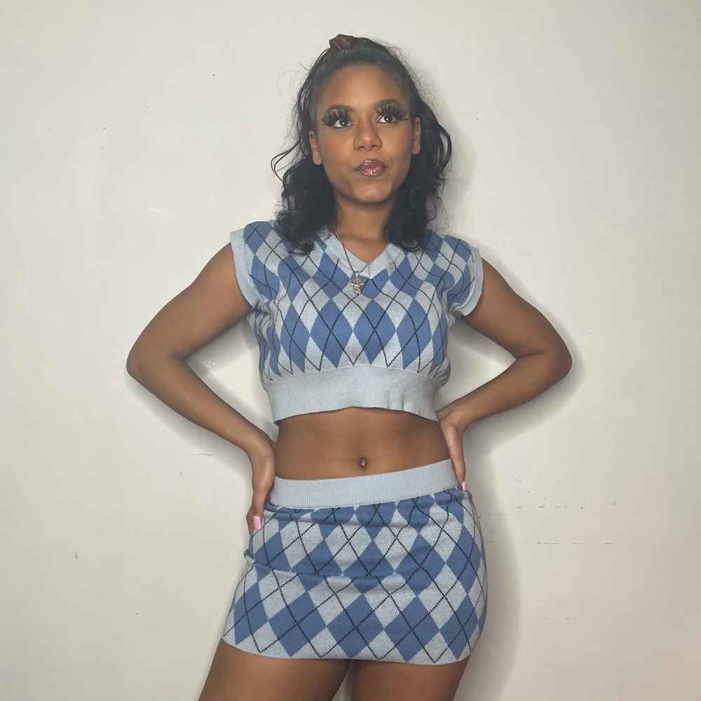 Nii Hai Blue Tartan Sweater Vest and Skirt Set